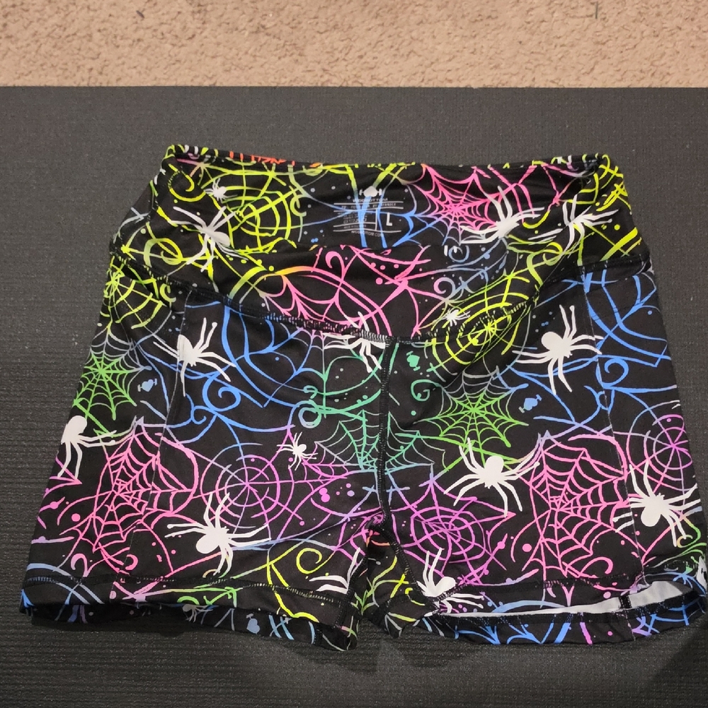 Women’s Black Athletic Shorts with Neon Spiderweb Print